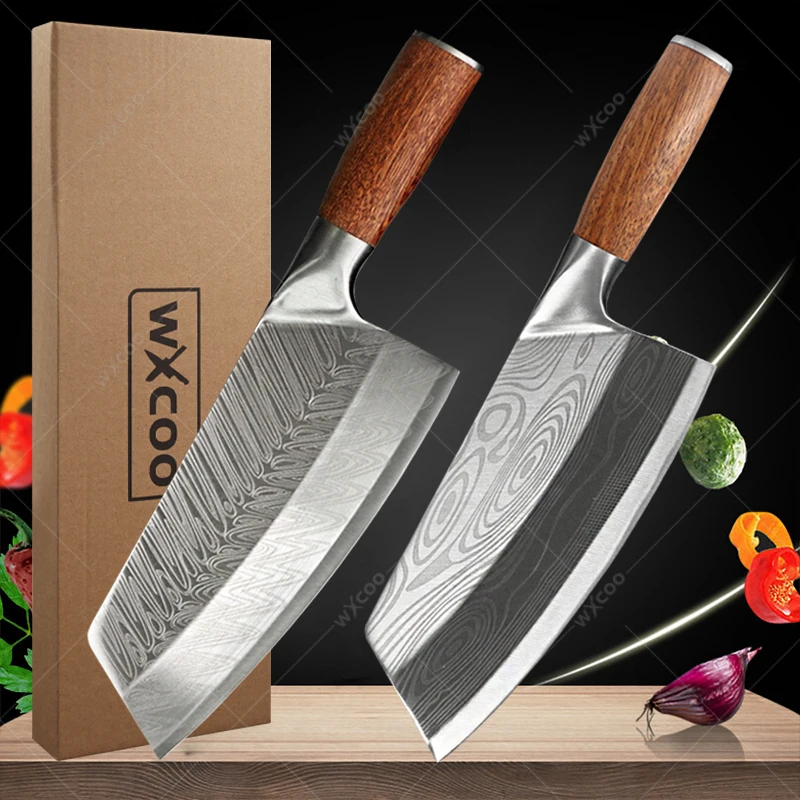 

WXCOO Kitchen Chef Knife Professional Chef Slicing Knife Stainless Steel Meat Cleaver Knife with Laser Damascus Pattern