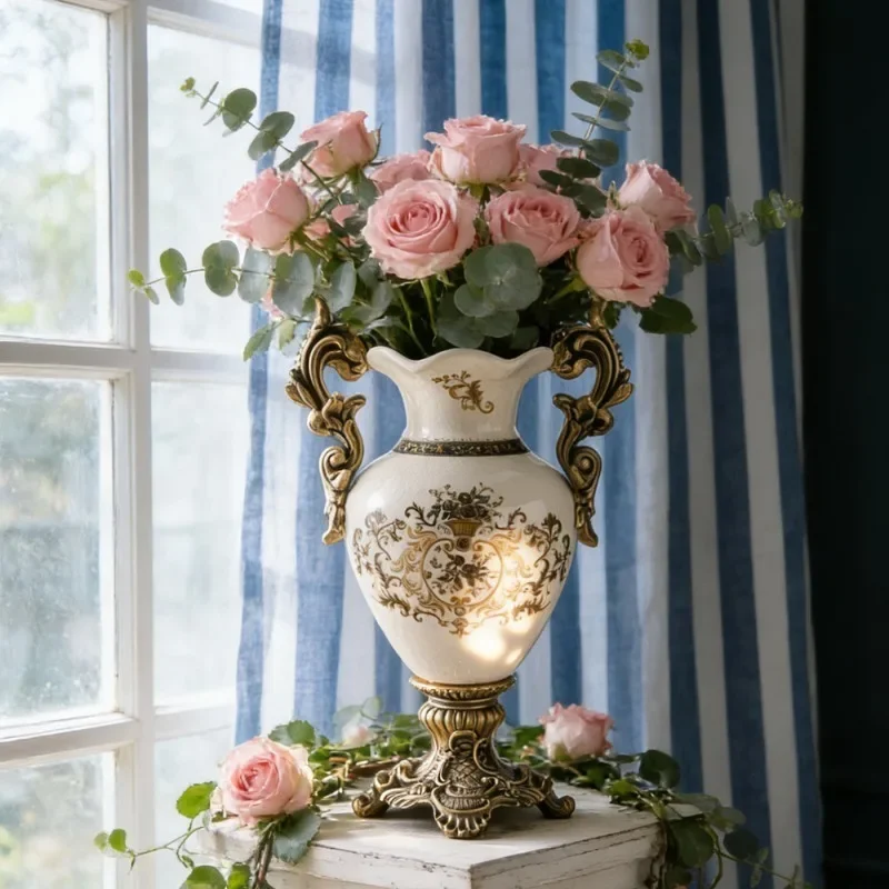 European Retro Double-ear Ceramic Trophy Vase High Grade Floor Vase Villa Living Room Desktop Flower Decorative Craft  Vases