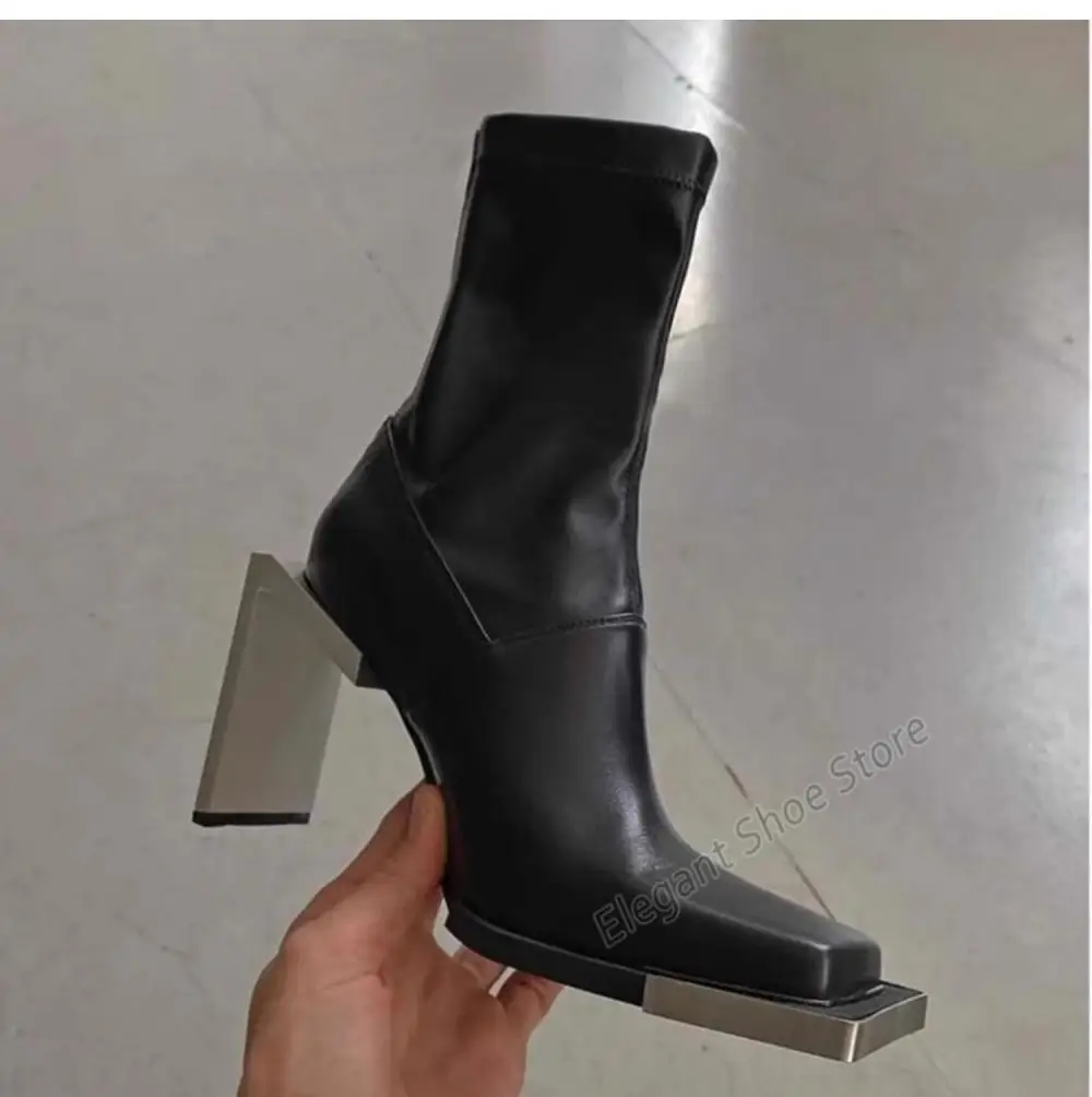 Metal Heel Design Elastic Boots for Women Sexy Square Toe Back Zipper High Heels Fashion Trendy Spring Autumn New Female Shoes