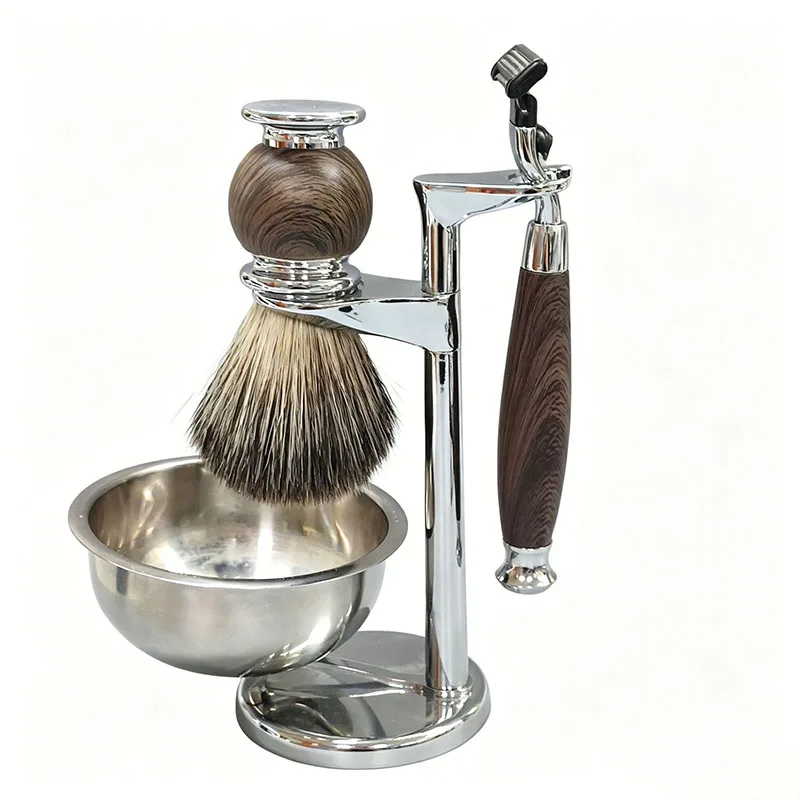 4Pcs Men Shaving Set Anti‑Slip Handle Razor Shaving Brush with Magnetic Stainless Steel Bowl Shave Stand for Wet Shaving