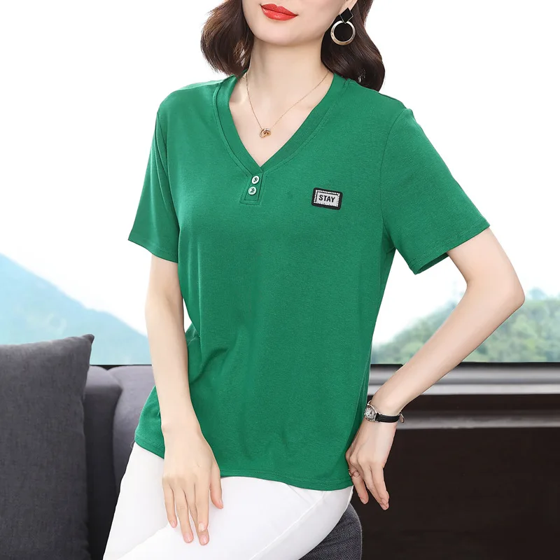 Summer New Women\'s Clothing Short Sleeve V-Neck Solid Button T-shirt Loose Home Slim Casual Versatile Elegant Bottom Tops