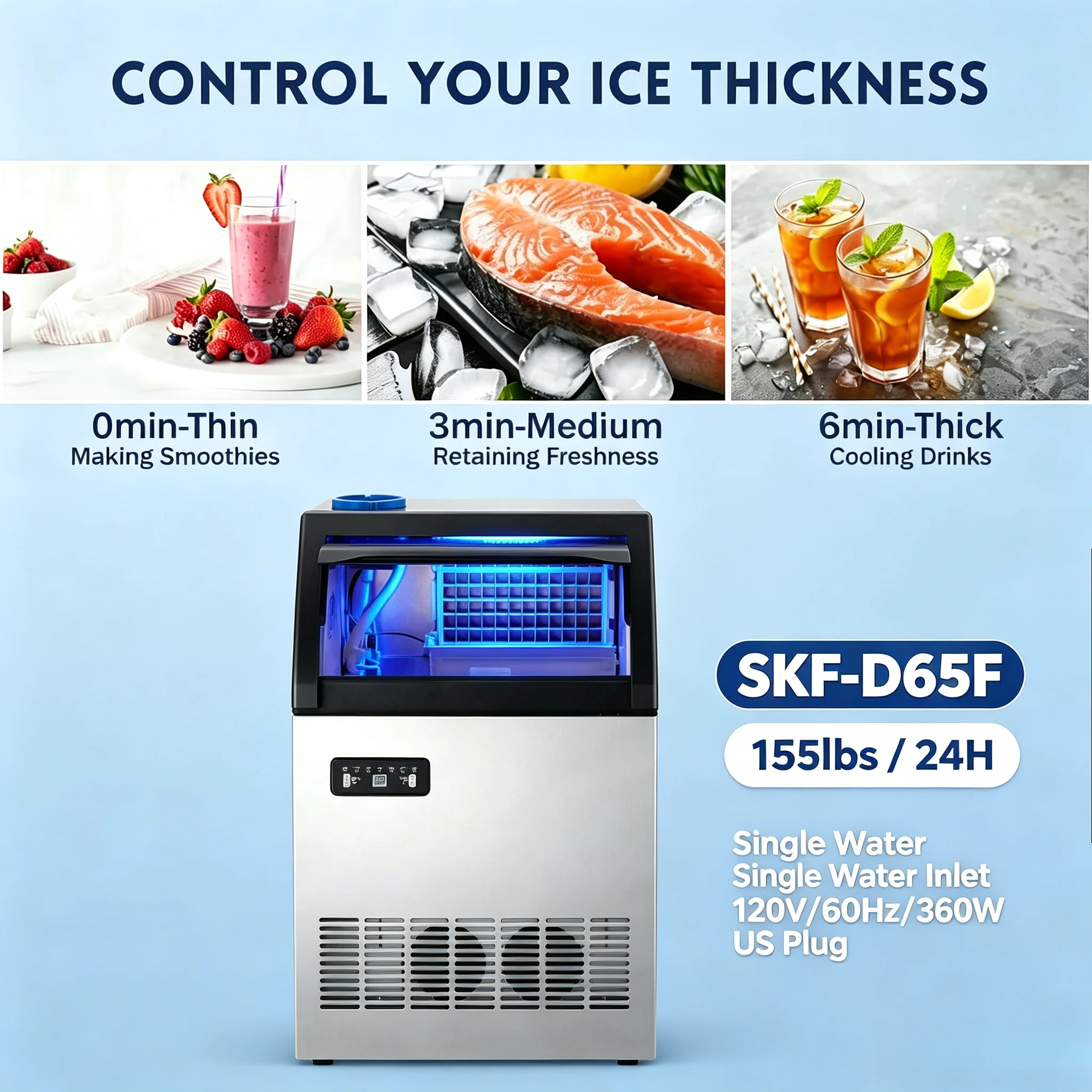 Commercial Ice Maker Machine 155 lbs/24HUnder Counter Ice Machine with 33 lbs Storage, Industrial Ice Cuber Generator for Restaurant Equipment Bar Supplies Cafe Gear Self Cleaning 360W