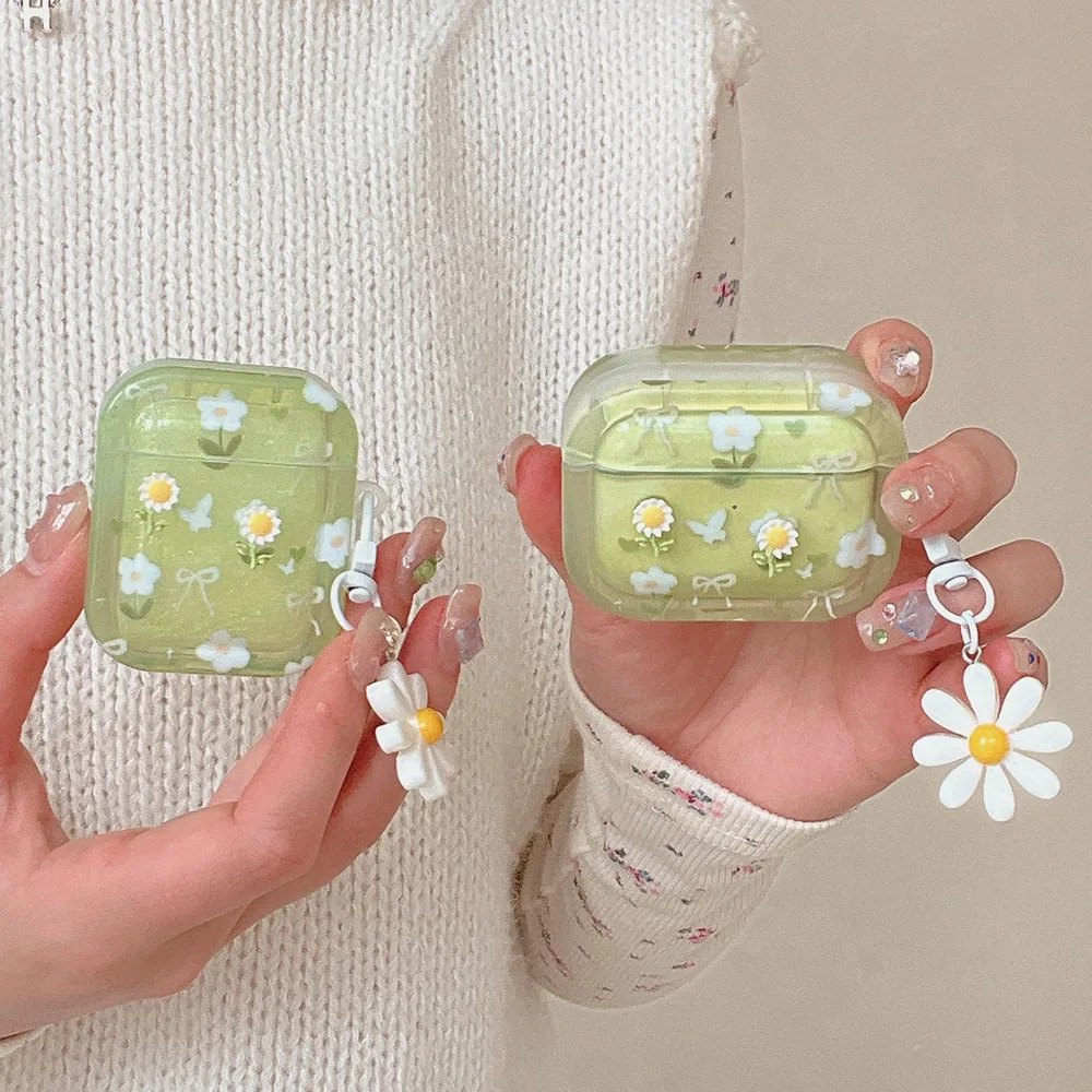 3D Green Sunflower Fresh Flower Bowknot Earphone Case Cover For AirPods 1 2 3 4 New Air Pods Pro 2nd 4th Shell with Pendant