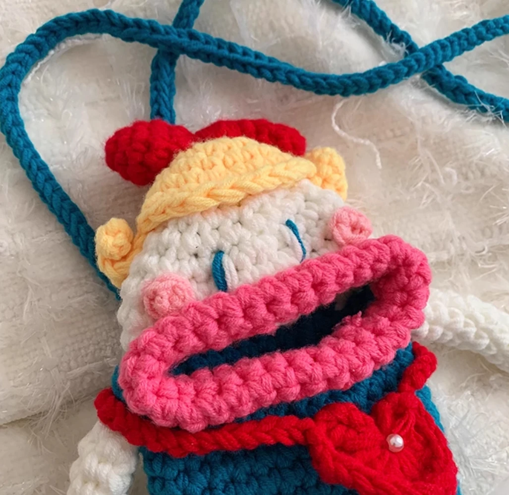 

Finished hand-woven sausage mouth mobile phone bag, wool crocheted ugly and cute one-shoulder cross-body bag, parent-child child