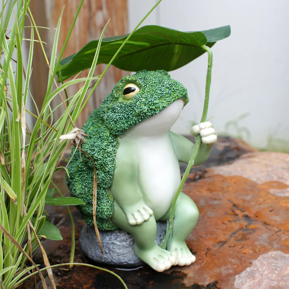 Outdoor Garden Broccoli Frog Statue Resin Frog Holding Lotus Leaf Sitting On Rock Sculpture Ornament For Patio Yard Decor