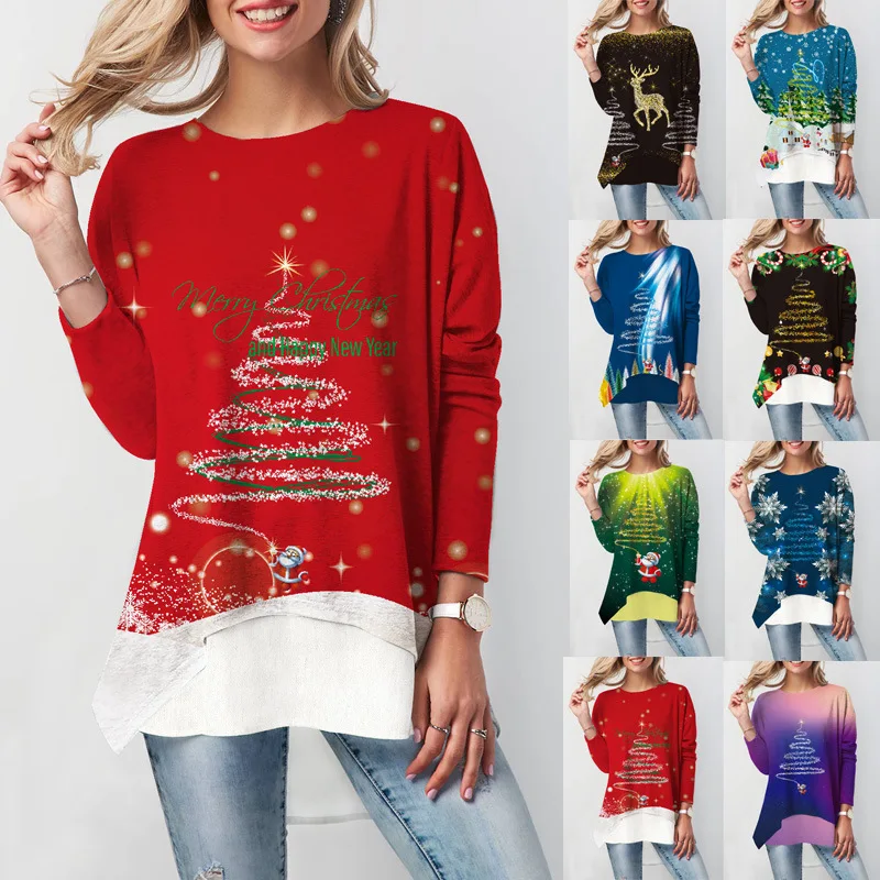 New Breathabl Christmas T-Shirts Fashion O-Neck Long Sleeve Christmas Snowflake Print Tops Autumn Winter Loose Comfort T-Shirts