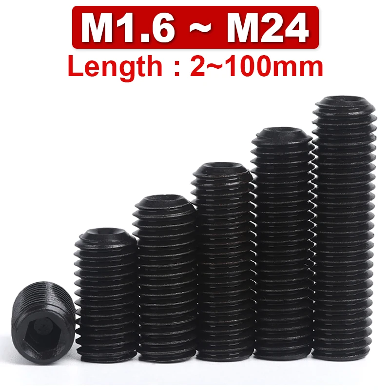 12.9 High Strength Carbon Steel Headless Set Screw Concave Tail Machine/hexagon Socket/kimmi Top Screw M1.6 M2 M2.5 M3~m24 Black