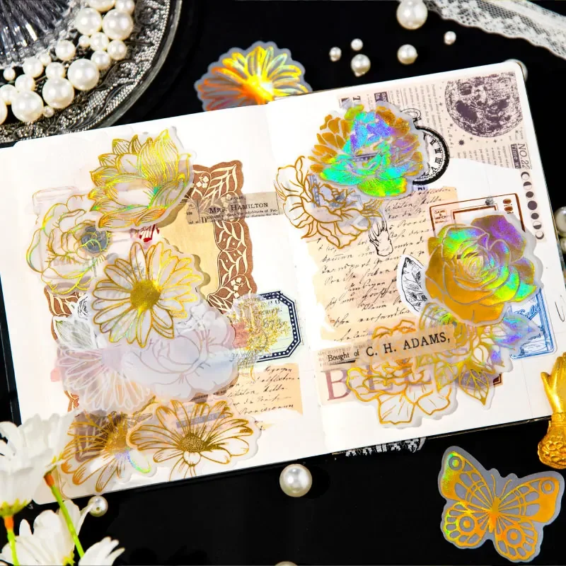 20 Stück Golden Garden Series Hot Gold Dekorationsaufkleber Journal Supplies Collage-Aufkleber DIY 6 Stile niedliche Aufkleber