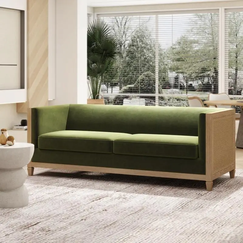 

Olive Green Velvet Tuxedo Sofa, 81" Cane Rattan Design, Performance Fabric