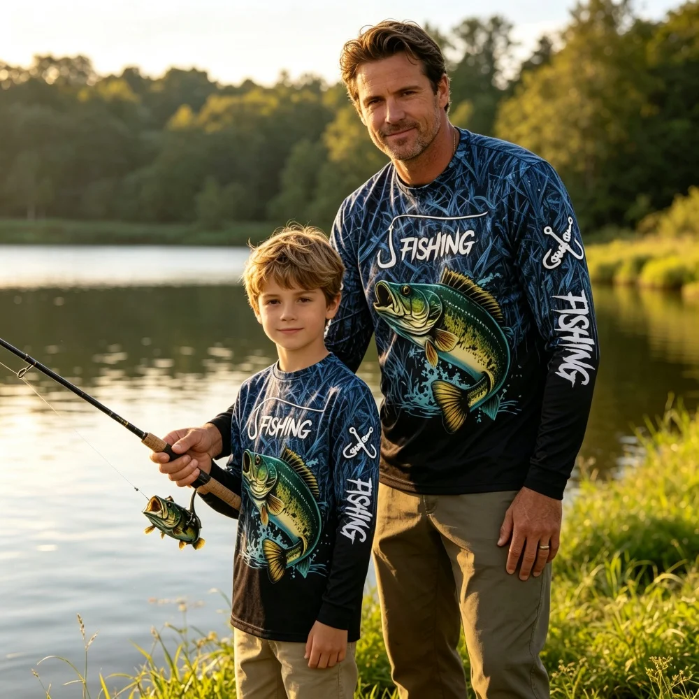 Fishing Shirt Family Matching Dad Son Long Sleeve Sunscreen Quick Dry Outdoor 3D Print Men T-Shirt Casual Anti-UV Fishing Shirts