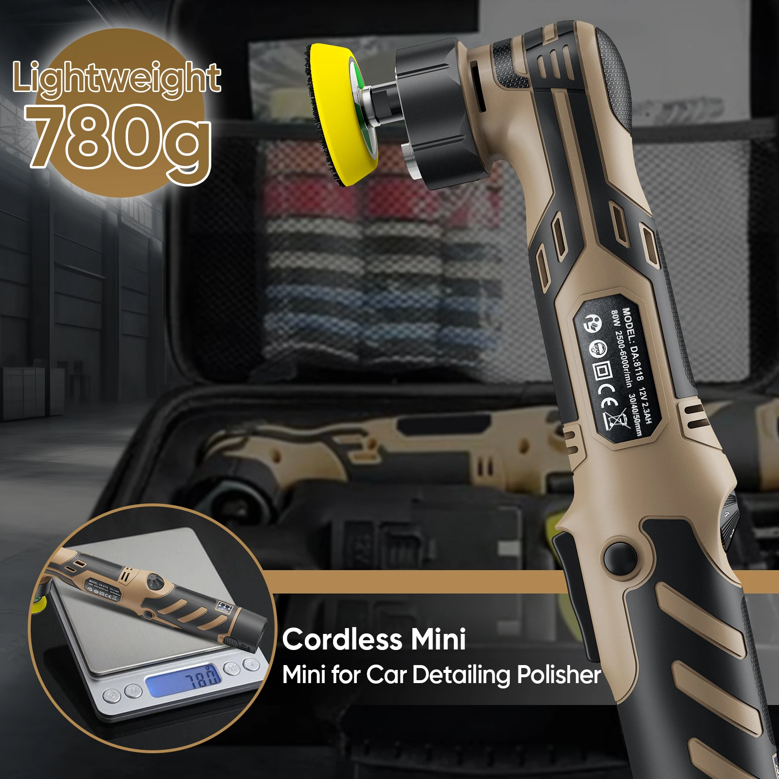 12V Kabelloser Mini-Autopolierer, 11-Gang Drahtlose Autopoliermaschine, 1/2/3 Zoll Polierpad-Set für Autowachs mit Batterie – Detail 3