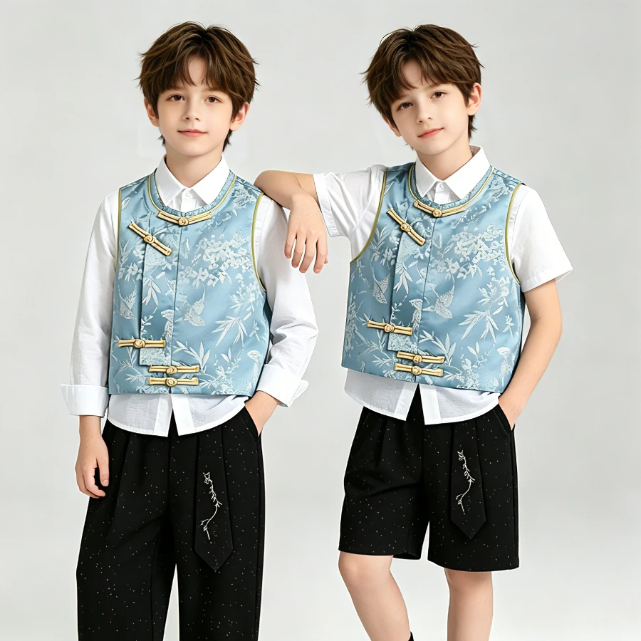 Teen Boys Chinese Tang Suit Jacquard Frog Button Vest Set Glitter Pants for Spring Festival Birthday Stage Party Costume 6 8 Y