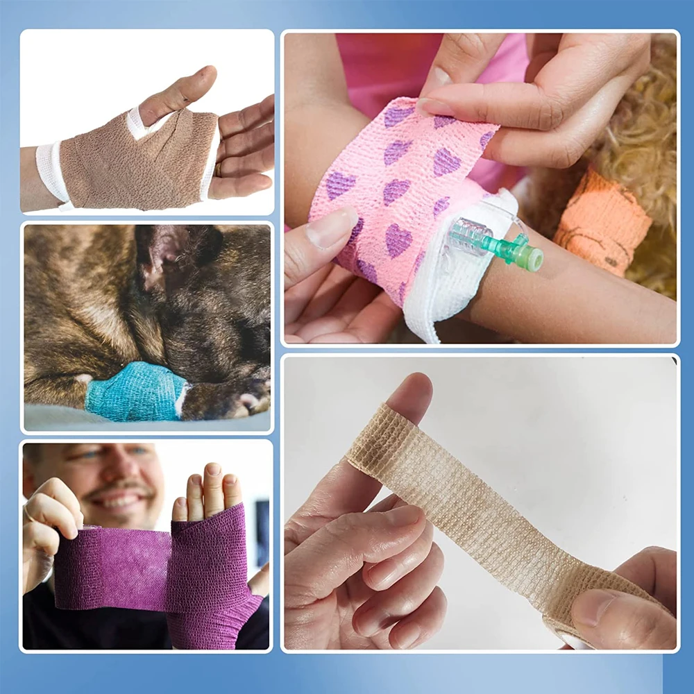 5Pcs/Lot 2.5cm Wide Colorful Elastic Self- Adhesive Bandage Finger Tape，First Aid Wrap Bandages, for Wrist and Ankle Sprains