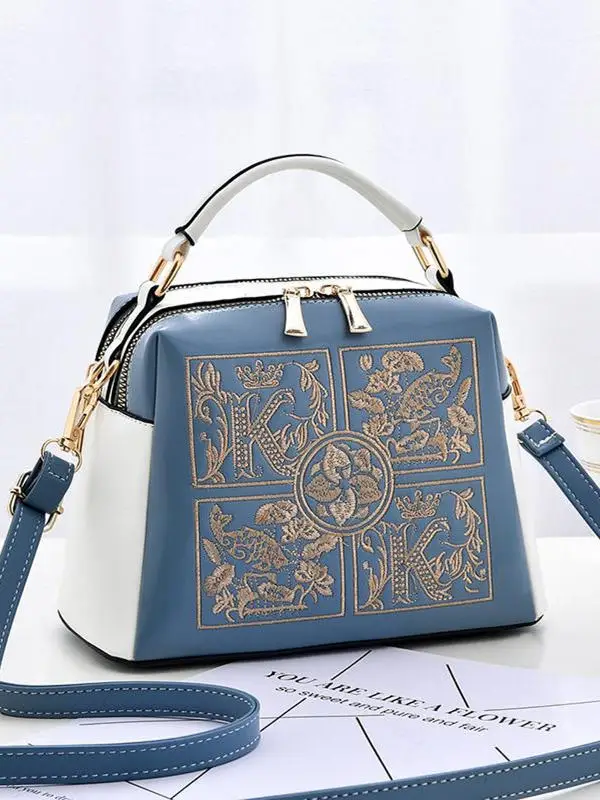

Embroidered Women's oulder Bag Crossbody Handbag Soft PU Leather Casual Sle for Middle-Aged Mothers Small Square Bag