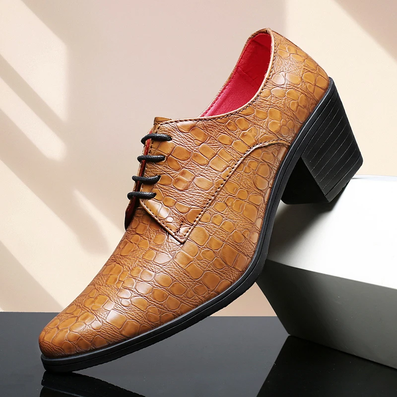

New Brown Men High Heel Leather Shoes Comfortable Pointed Dress Shoes Man Quality Wedding Shoes Man Big Size 46 zapatos hombre