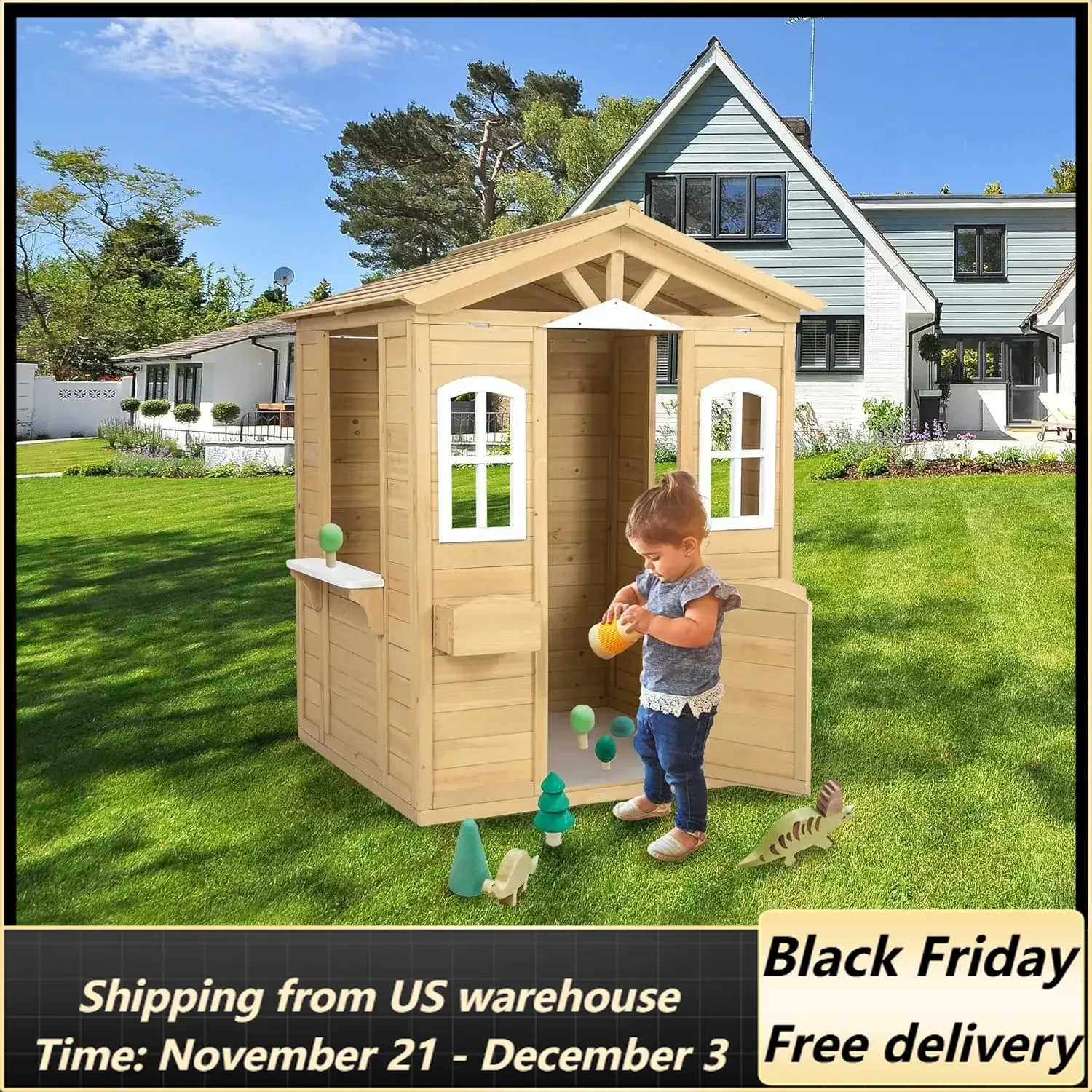 Outdoor Playhouse, Wooden Kids Playhouse for Kid with Working Door, Windows, Flowers Pot Holder,Cottage Playhouse