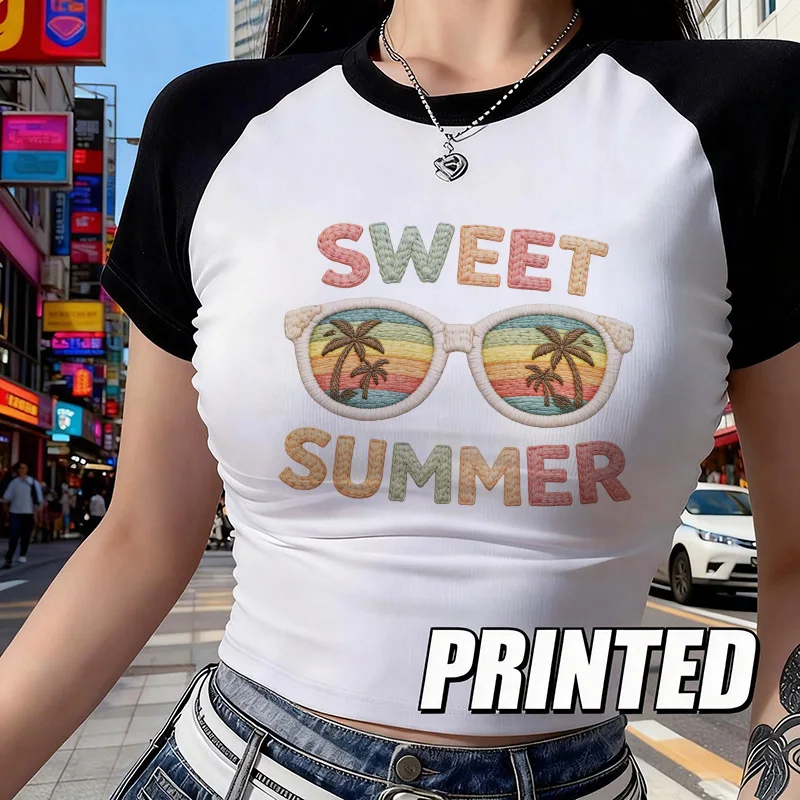 Damen Süße Sommer Sexy Crop Tops mit Sonnenbrillen- und Kokosnussbaum-Print Lustiges Rundhals-Kurzarm-Crop-T-Shirt