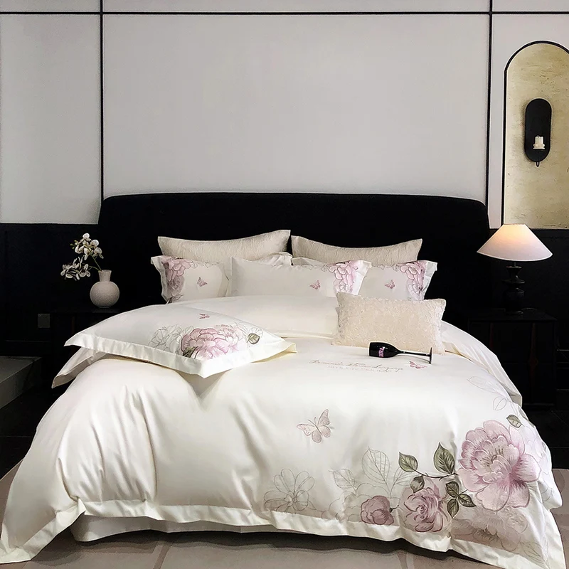 Butterfly Flowers Embroidery Bedding Set 600TC Egyptian Cotton Duvet Cover Bed Sheet/Fitted Sheet Pillowcases Queen King Size