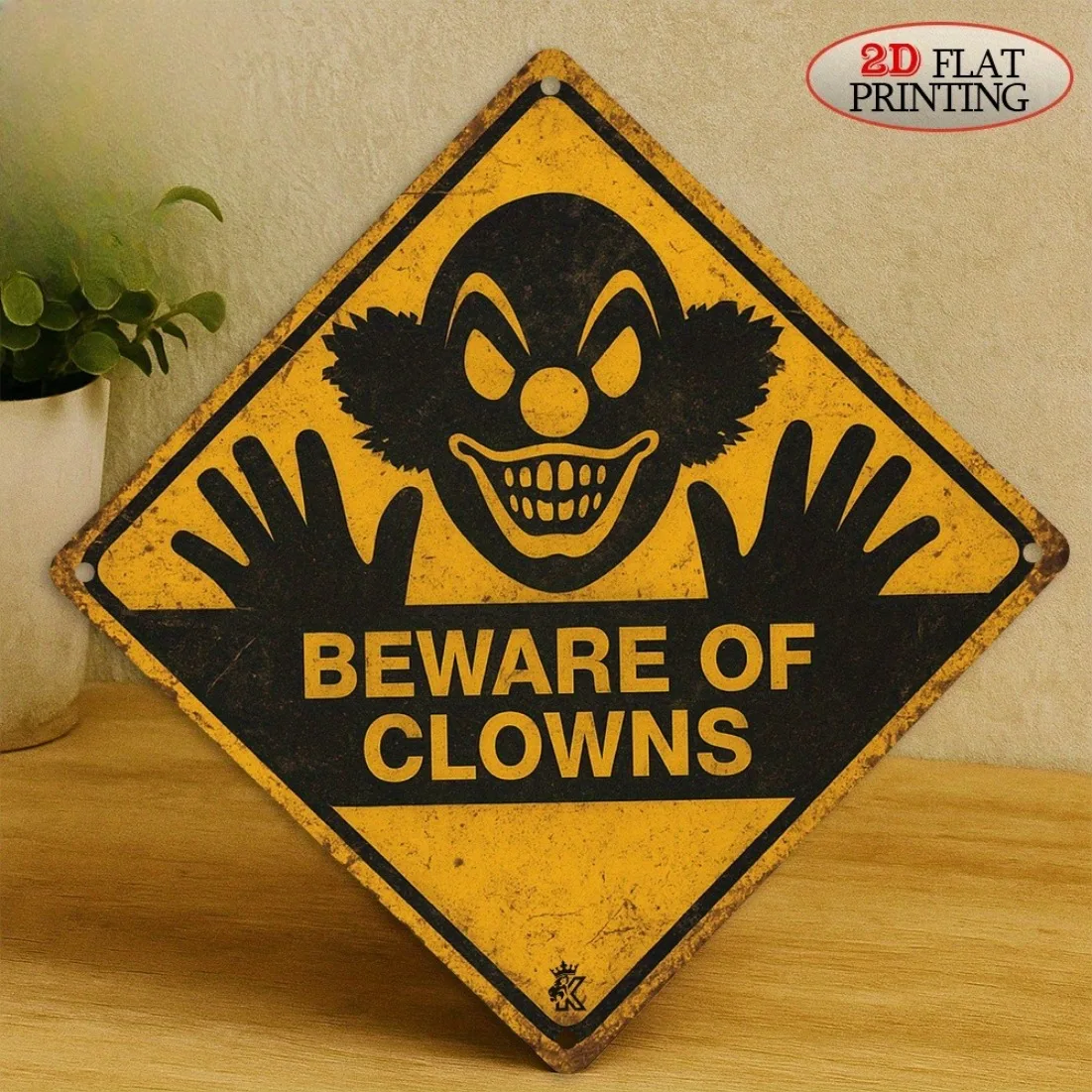 Metal Sign, Retro Clown Warning Plaque, Yellow & Black Hazard Clown Pattern, Indoor & Outdoor Decor for Halloween, Garage.