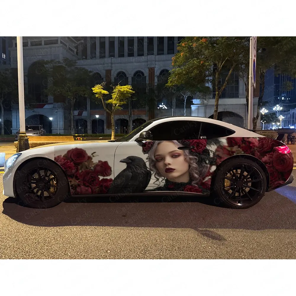 2pcs Gothic Maiden Black Crow Red Rose Car Side Wraps, Self-Adhesive PVC Waterproof & Scratch-Resistant Stickers, Car Accessory