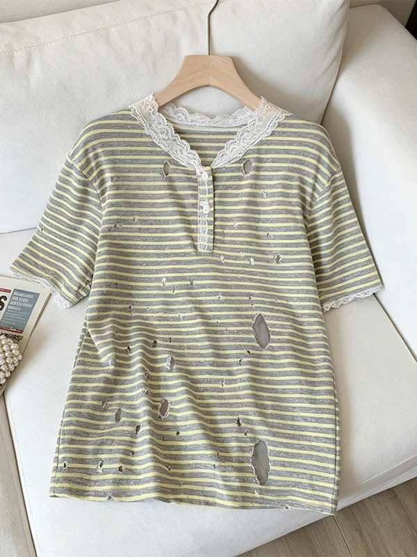 

plus Size Summer New Women's Lace Splicing Stripes Loose Fitting Hoodie Top Breathable Comfortable Korean Style Casual Wear