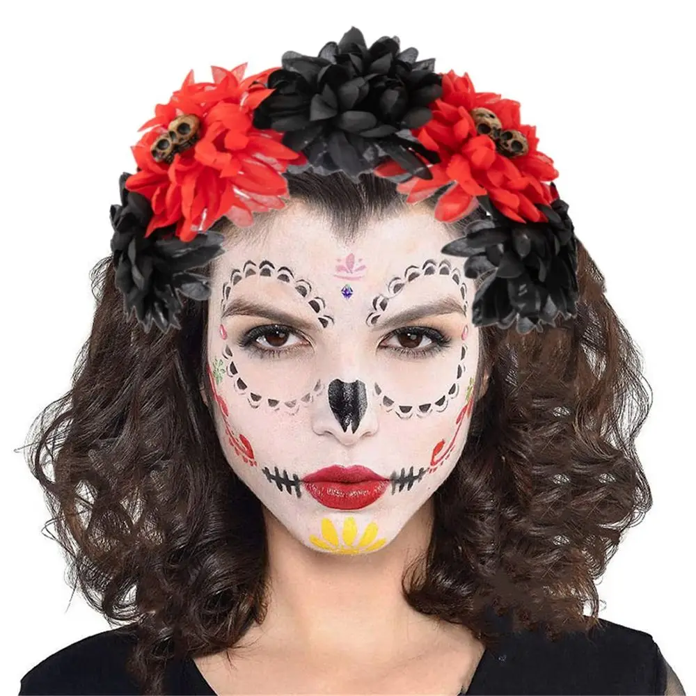 Retro Day of The Dead Halloween Rose Flower Headband Black Veil Wedding Flower Headpiece Costume Cosplay Party Headwear Women