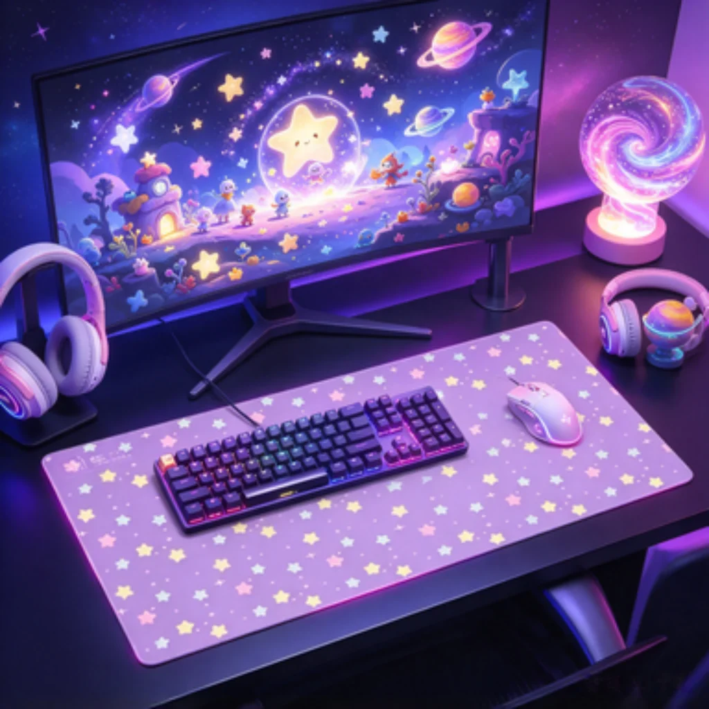 Purple Pink Cat Desk Mat,Abstract Floral Mouse Pad Christmas Plaid PC Accessory,Rainbow Block OfficeMat,Macaron Stripe Mouse Pad