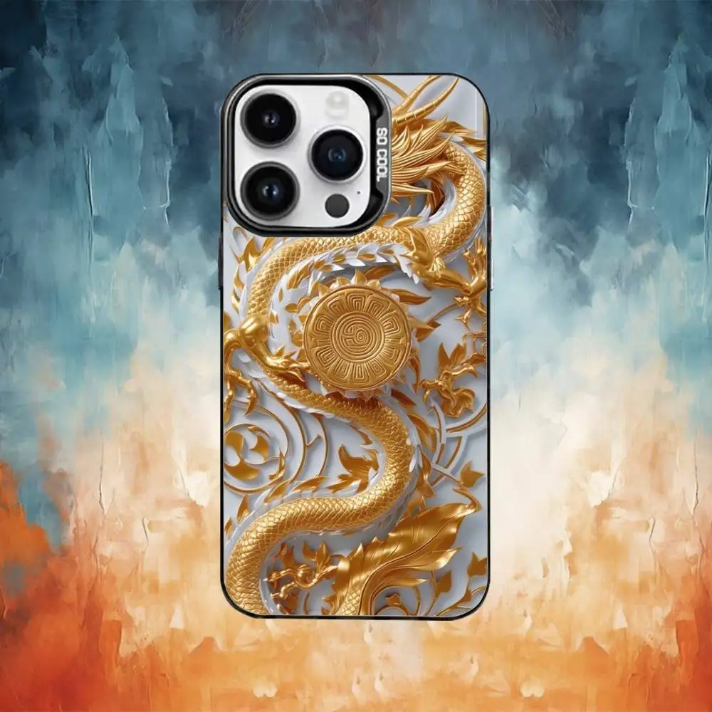 حافظة هاتف فاخرة منقوشة على شكل تنين لهاتف iPhone17,16,15,14,13,12,11 Plus، Pro Max غطاء مقاوم للصدمات من الحلوى السوداء غير اللامعة