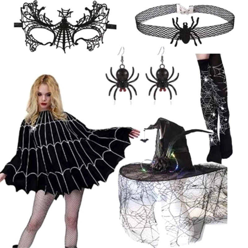 

Witch Costume Accessories, Halloween Witch Dress up Outfit Witch Hat Witch Cloak Eyemask Necklace Earrings Stockings for Kids