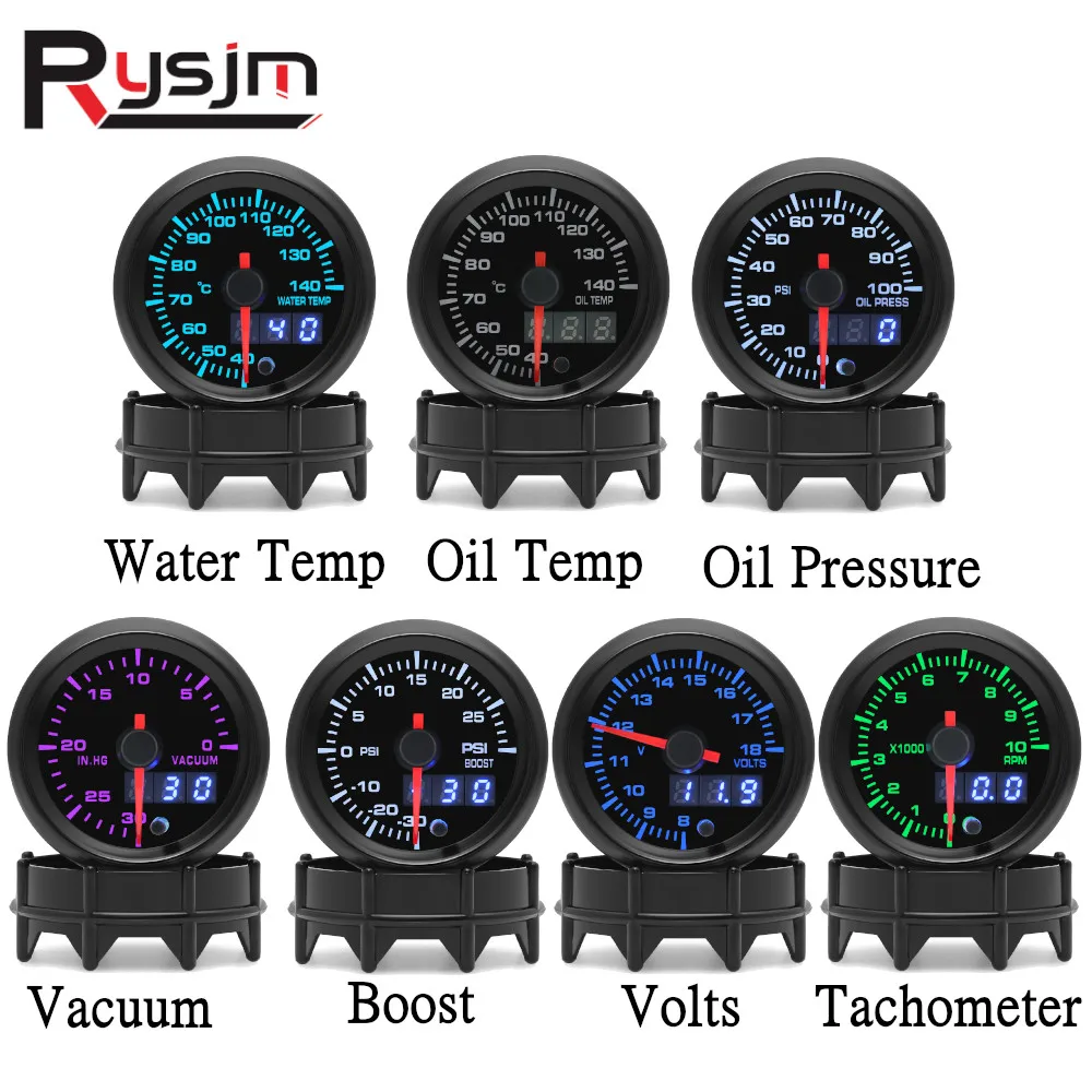 

New 2'' 52mm Car Gauges With 7 Color LED Turbo Boost Gauge Oil Pressure Water/Oil Temp RPM Tachometer Vaccum Voltmeter VOLT 12V
