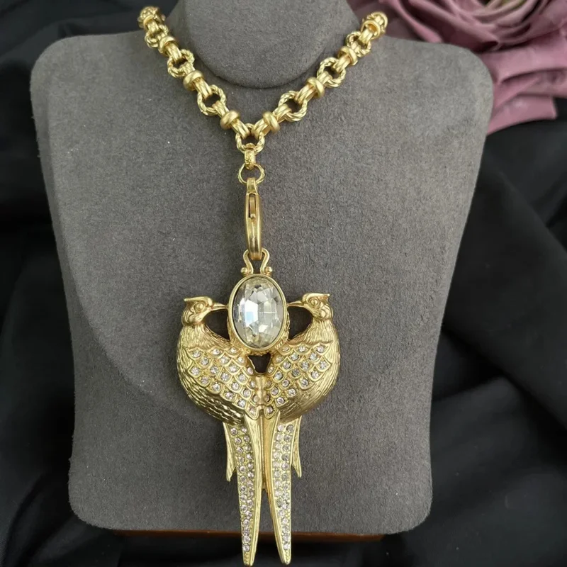 Vintage simple elegant double Phoenix pendant necklaces long sweater gold color necklace for women