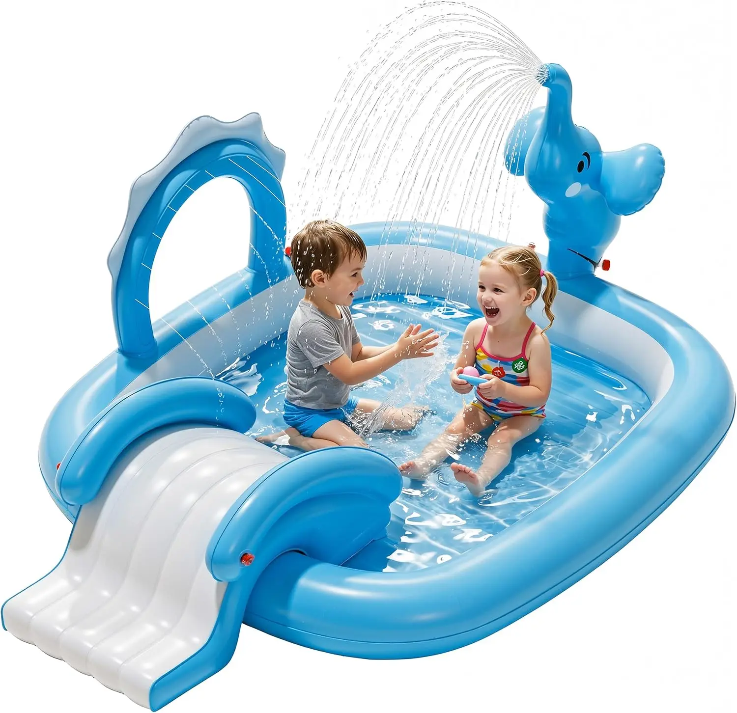 Elephant Kids Pool with Slide and Sprinkler, Inflatable Play Center with 4 Rings, 72 × 64 × 37 in, Fast Inflation