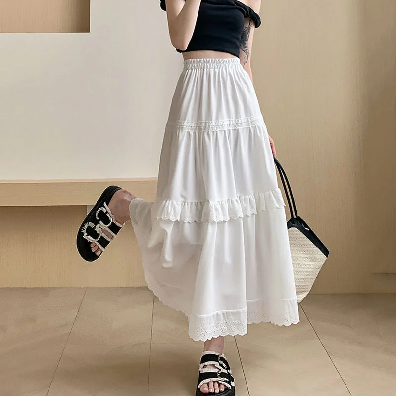 

Summer Ruffles Patchwork Midi Skirts Women Elastic High Waist White Long Skirt Woman Sweet Lace Edge Big Swing A-Line Skirts