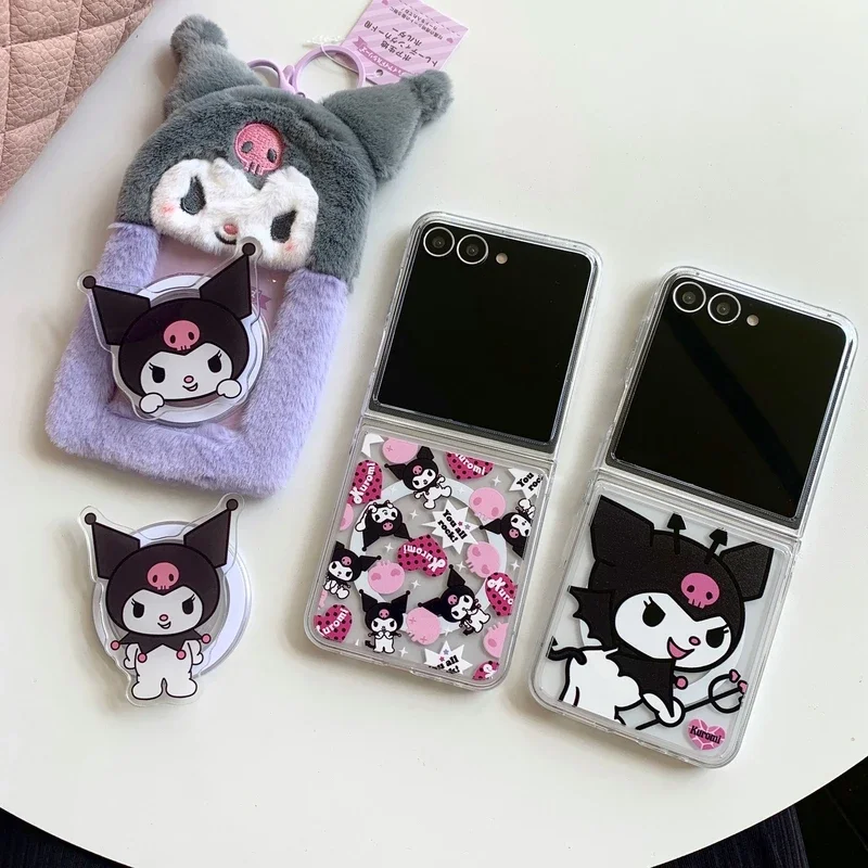 Cute Cartoon Sanrio Kuromi Magnetic Grip Holder Magsafe Wireless Charge Phone Case For Samsung Galaxy Z Flip 6 5 Hard Cover