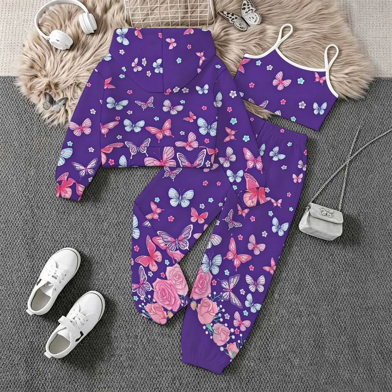 3pcs Autumn Girls Casual Set Fashion Print Jogger Pants Kids Zip Tops Three-piece Suit Children's Long Sleeve Coat