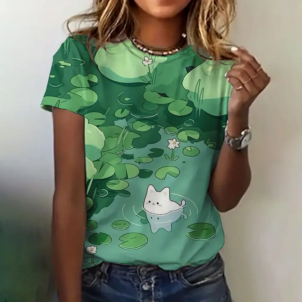 Women's T-shirt Summer Crew-neck Clothing Cat Print Cartoon Top Loose Casual Short Sleeve Loose Elegant T-shirt Women's Clothing