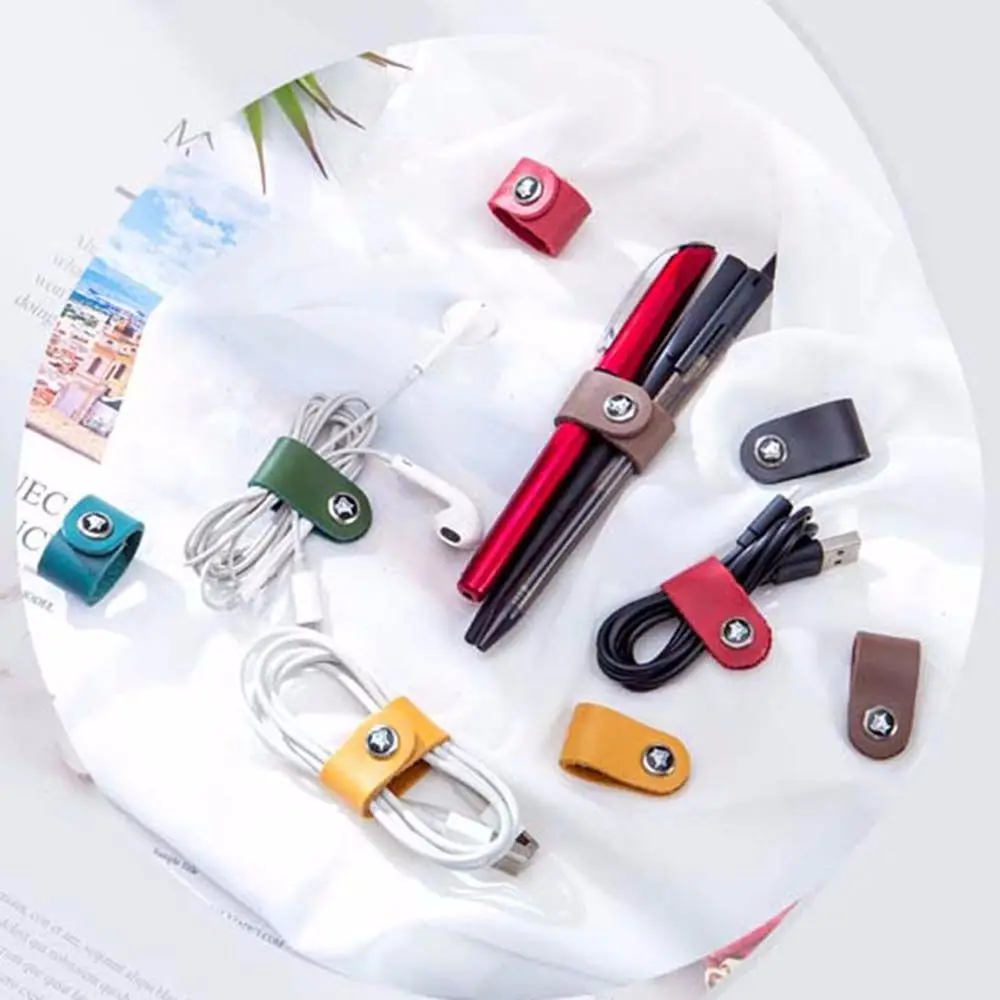 Clip Cable Strap USB Cable Earphone Fixed Cord Organizer Winder Straps Cowhide Leather Cord Cable Holder Tidy Storage Cable