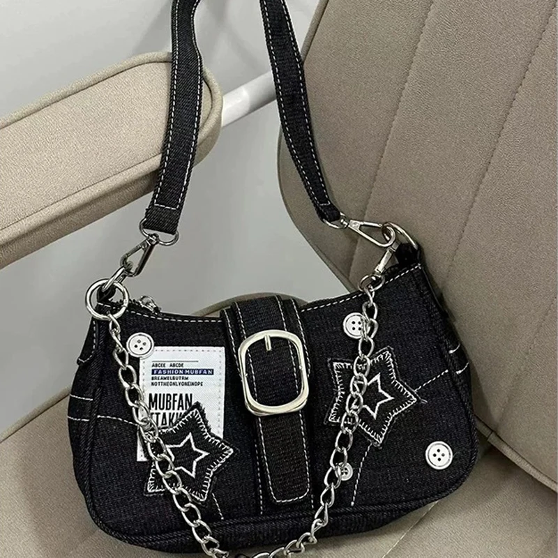 Y2k Hot Girls Star Denim Underarm Bag Retro Button Women\'s Chain Shoulder Crossbody Bags Female Canvas Zipper Purse Handbags