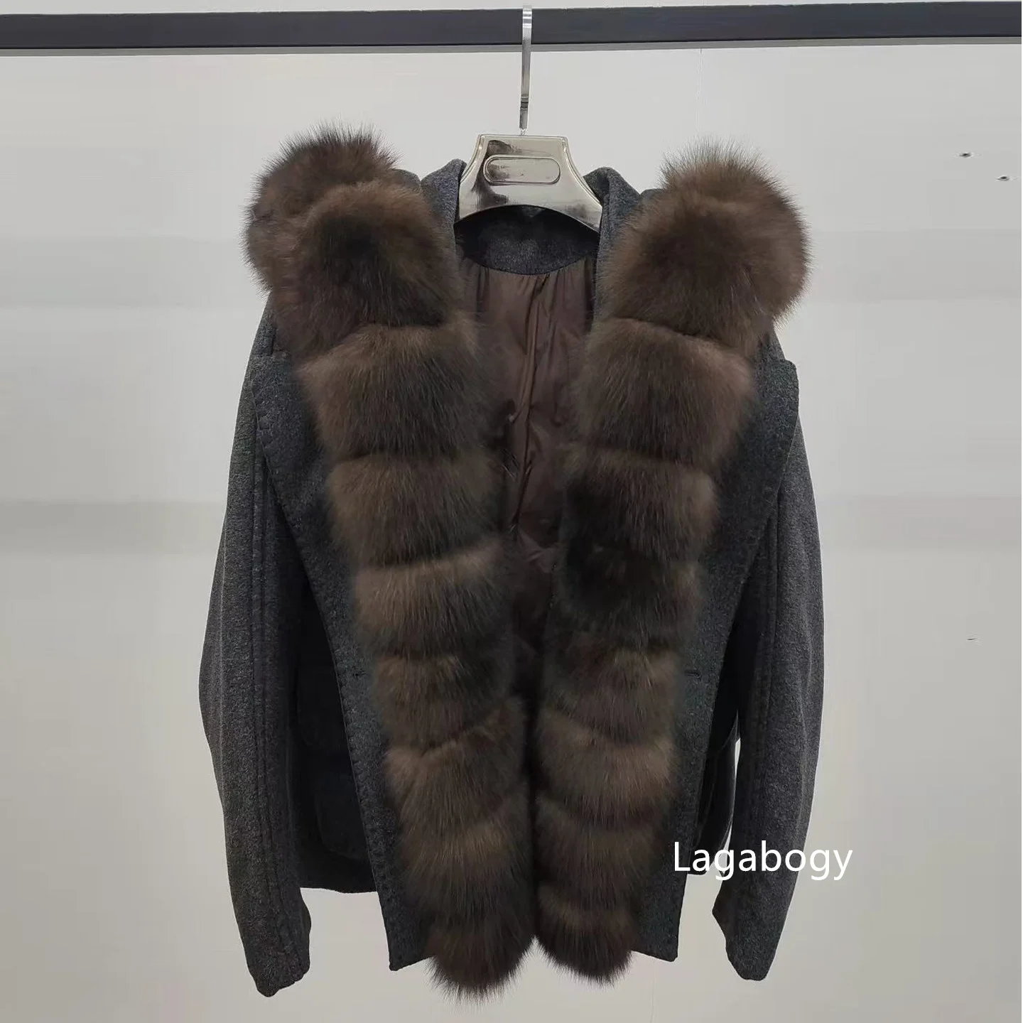 Lagabogy Luxury Real Fur Duck Down Clothes Overszie Women Wool Blend Puffer Jacket With Real Fox Fur Collar New Winter Warm Coat