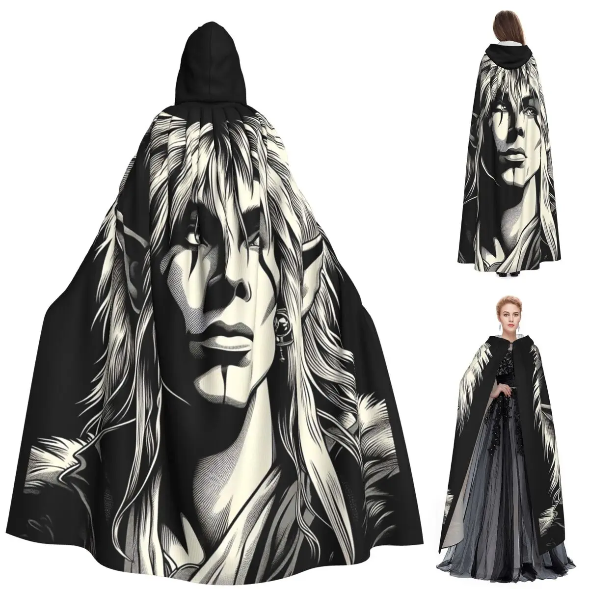 متاهة جاريث عفريت الملك للأبد ستارمان عباءة طويلة بقلنسوة الساحرة القرون الوسطى زي تأثيري كيب هالوين معطف الكبار