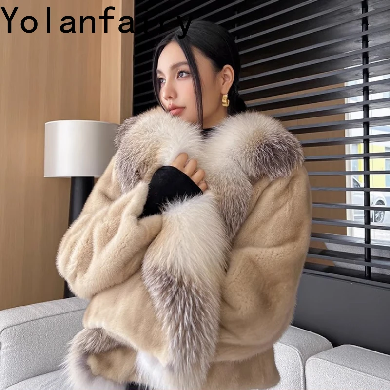 

YOLANFAIRY 100% real fox fur collar whole mink fur coat woman luxury winter thicken long sleeves beige commuting fur coats 2025