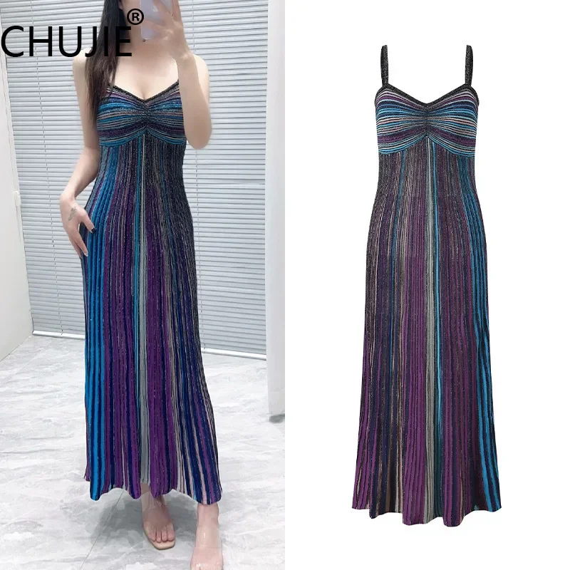 

CHUJIE Women's Summer Dress 2025 New Fashion Design Color Striped Folded Long Dress With Stylish And Slim Fit Strap Dress
