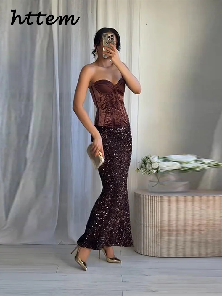 أنيقة الترتر حورية البحر التنانير الطويلة مجموعات النساء حمالة أكمام سليم هيكل السمكة سترة مطوي تنورة 2025 الخريف سيدة بدلة الحفلات