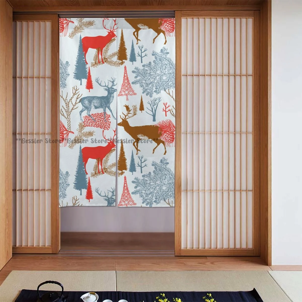 Door Curtain Christmas Forest With Winter Deers Hanging Curtain for Living Room Partition Door Screen Home Deocration