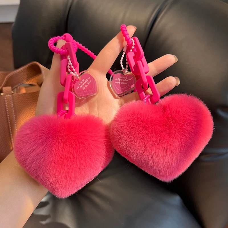 

Natural Rex Rabbit Fur Heart Bag Charm Chain Keychain Bag Pendant Women Girl Bag Charms Cars Accessory Fluffy Keyring Gifts