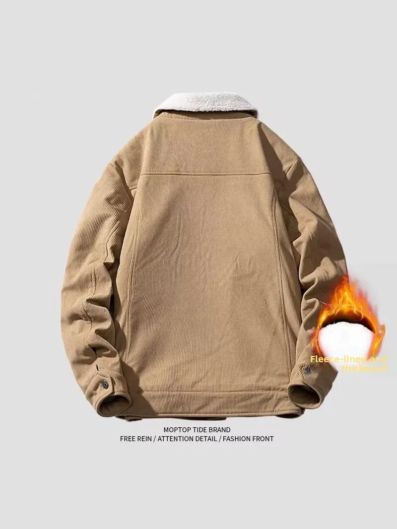 سترة عمل رجالية أنيقة مبطنة بالصوف السميك بتصميم عتيق من قماش الحمل المخملي، معطف شتوي قطني شبابي شعبي بأكمام طويلة وقصة قياسية