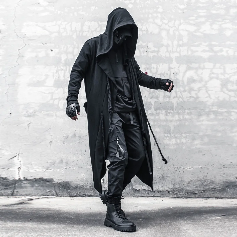 2026 Men's Tide Spring Autumn Darkwear Warrior Large Size Windbreaker Gothic Style Long Coat Punk Cloak Hooded Wizard