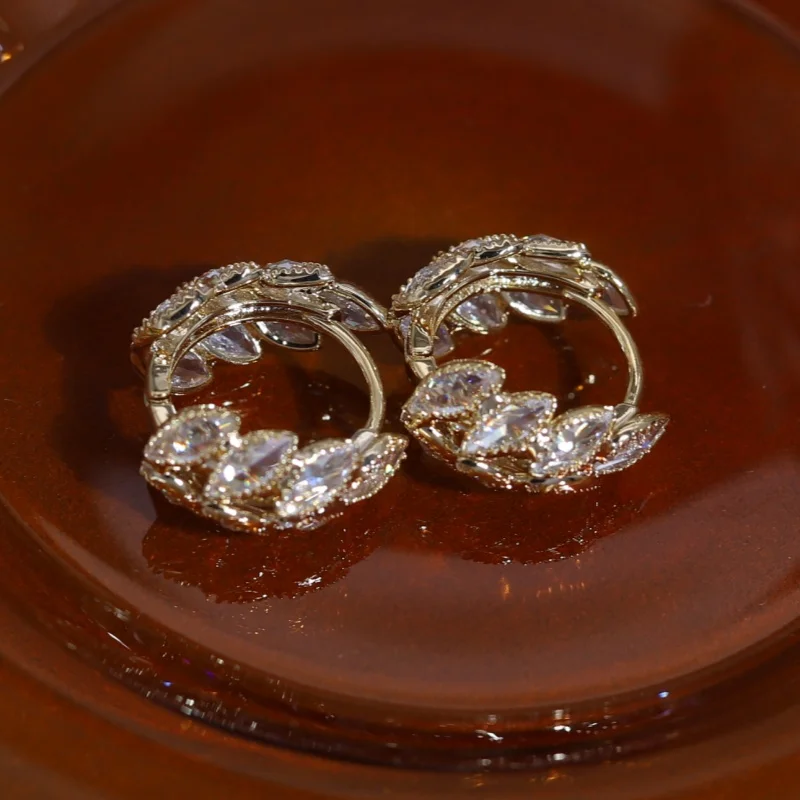 Korean New Design Fashion Jewelry 14K Gold plated Luxury Zircon Leaf Wheat Earrings Elegant Women's Daily Work Accessories