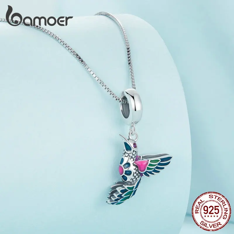 Bamoer Authentic 925 Sterling Silver Enamel Kingfisher Pendant Necklace Bird Charms Neck Chain for Women Fine Jewelry Gift