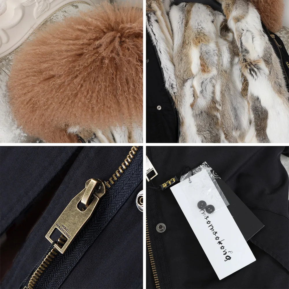 MAOMAOKONG 2023 winter Women's jacket bomber Real fur coat women coats short natural Mongolia wool fur collar rabbit liner Parka